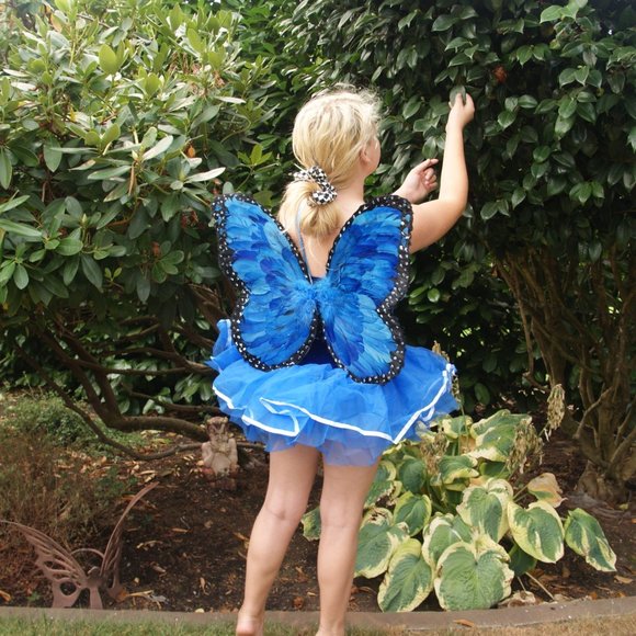 New FAIRY COSTUME Blue Leotard w/Tutu & Wings sz L - Picture 2 of 14